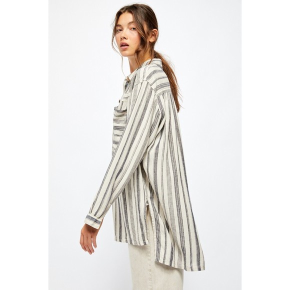 Free People Summer Breeze Stripe Popover Shirt S Small Linen Blend Long Sleeve - Picture 4 of 12